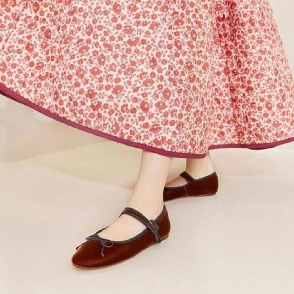 Size 7.5 Miss Left Women Bowknot Ankle Strap Classic Ballet Flats Burgundy - Picture 1 of 13
